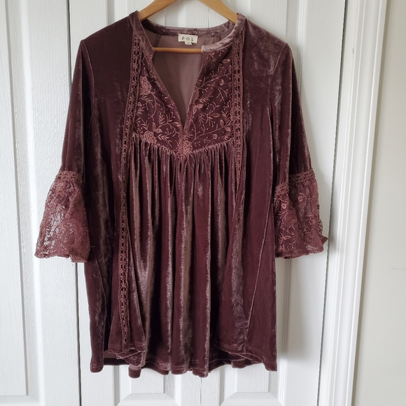 POL Velvet Velour Bell Sleeve Tunic Boho Peasant Top Blouse - Picture 1 of 7